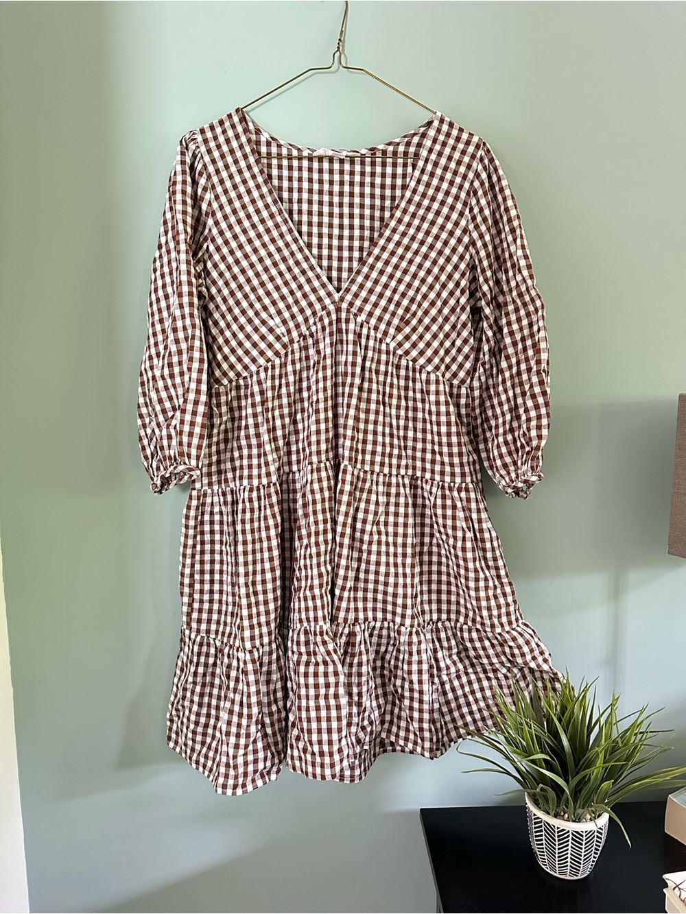 Brown Gingham V-Neck Tiered Dress